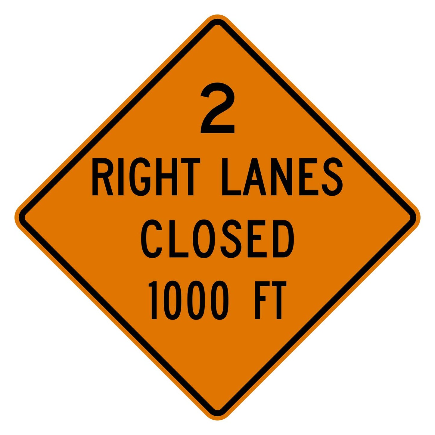 Orange diamond-shaped traffic sign with "2 RIGHT LANES CLOSED 1000 FT" in black text.