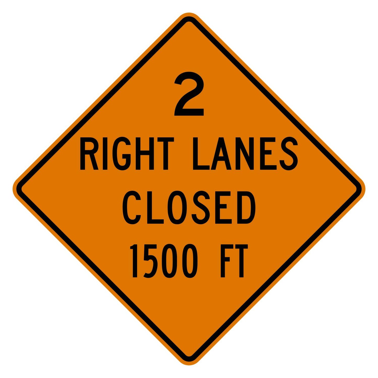 Orange diamond-shaped W20-5aR sign: "2 RIGHT LANES CLOSED 1500 FT" in black text.