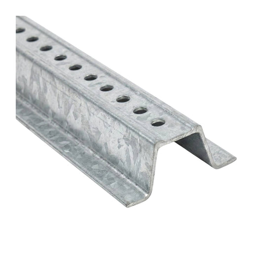 Galvanized steel U-channel sign post with a row of pre-drilled holes, shown at an angle.
