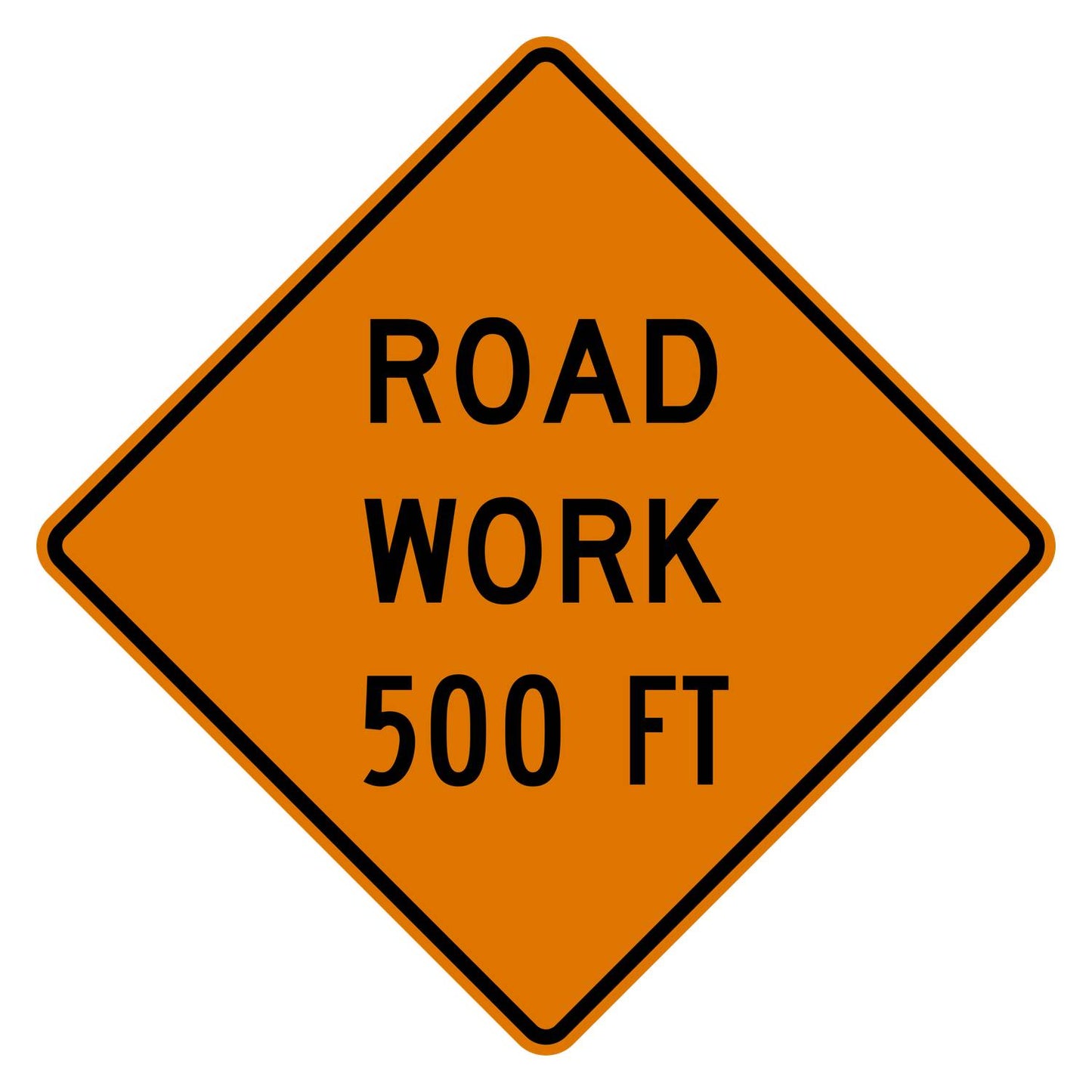 Diamond-shaped fluorescent orange "ROAD WORK 500 FT" warning sign with black text and border.