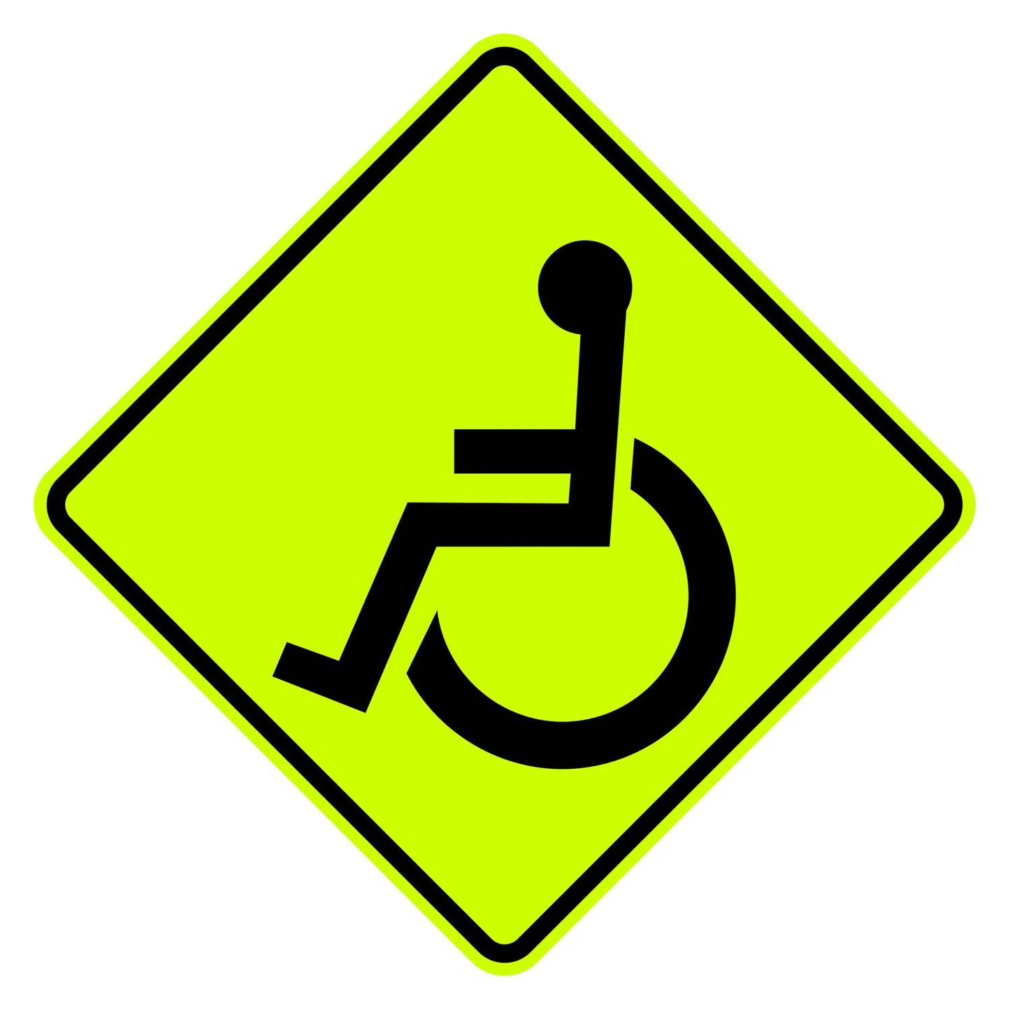 W11-9 handicap crossing sign with a black wheelchair symbol on a diamond-shaped, yellow retroreflective background.