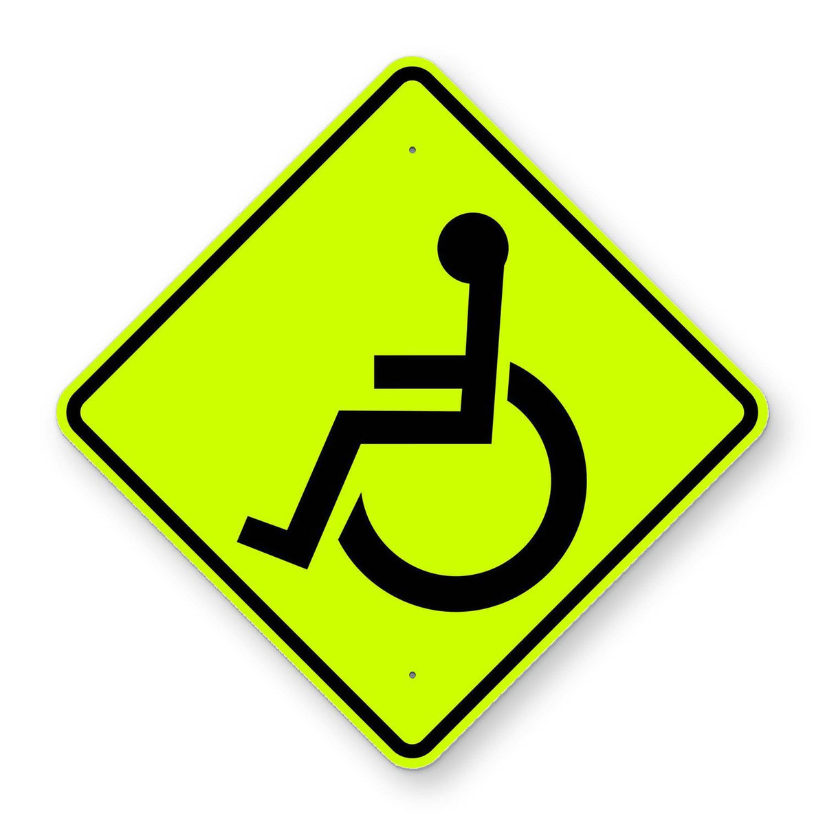 W11-9 handicap crossing sign with a black wheelchair symbol on a diamond-shaped, yellow retroreflective background.