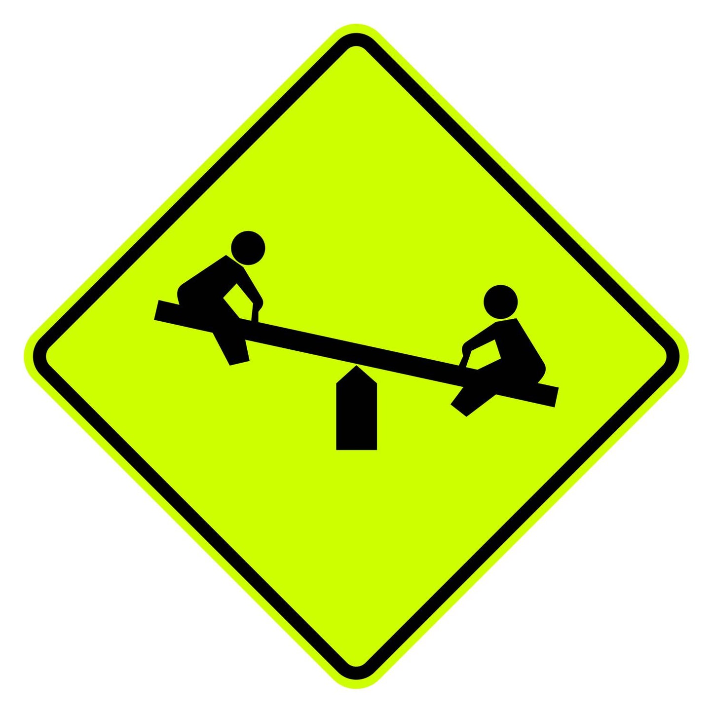 Yellow diamond-shaped W15-1 playground sign featuring a black silhouette of children on a seesaw.
