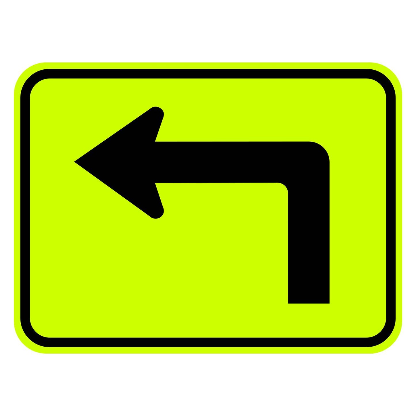 24x18 inch yellow retroreflective plaque with a black 90-degree left turn arrow symbol.