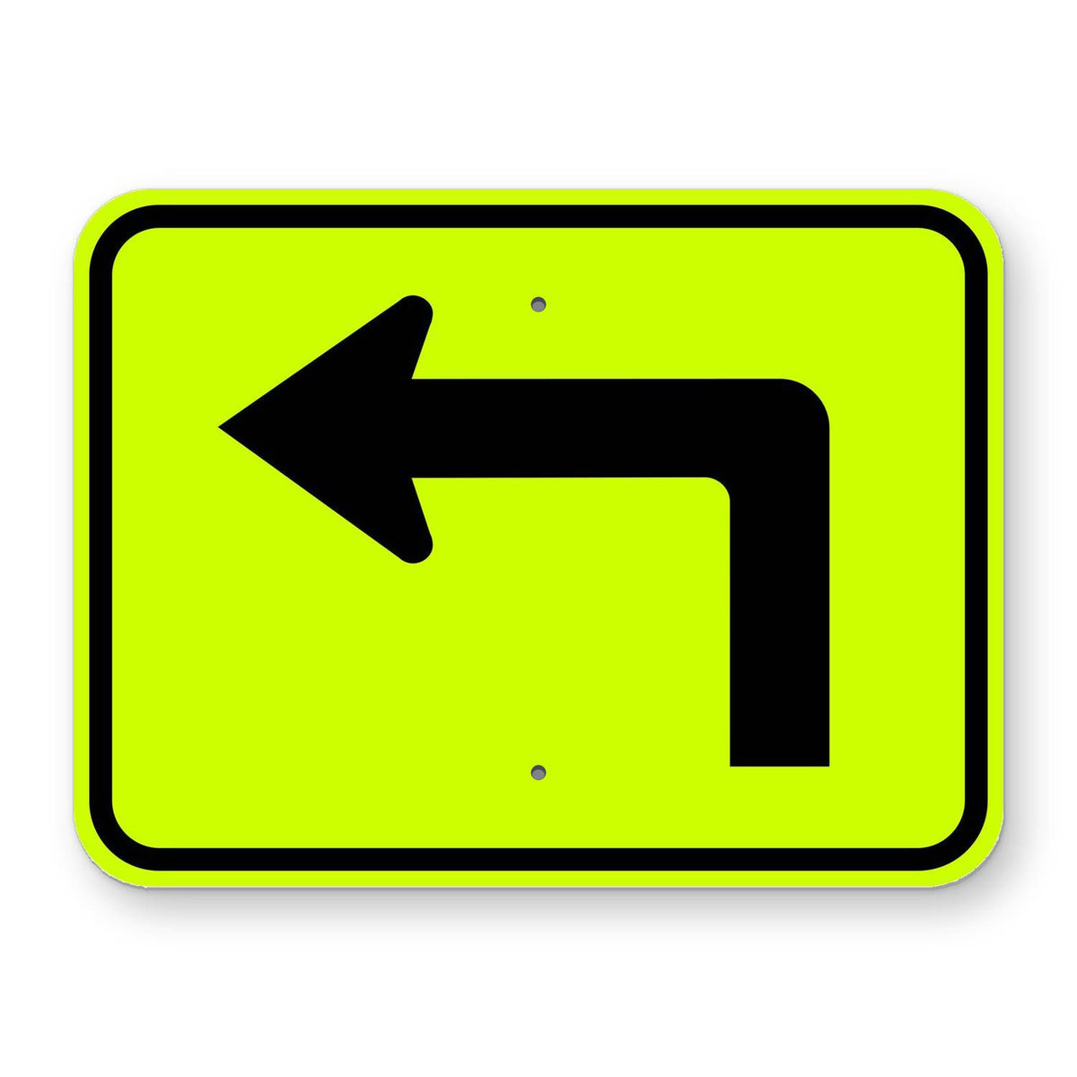 24x18 inch yellow retroreflective plaque with a black 90-degree left turn arrow symbol.
