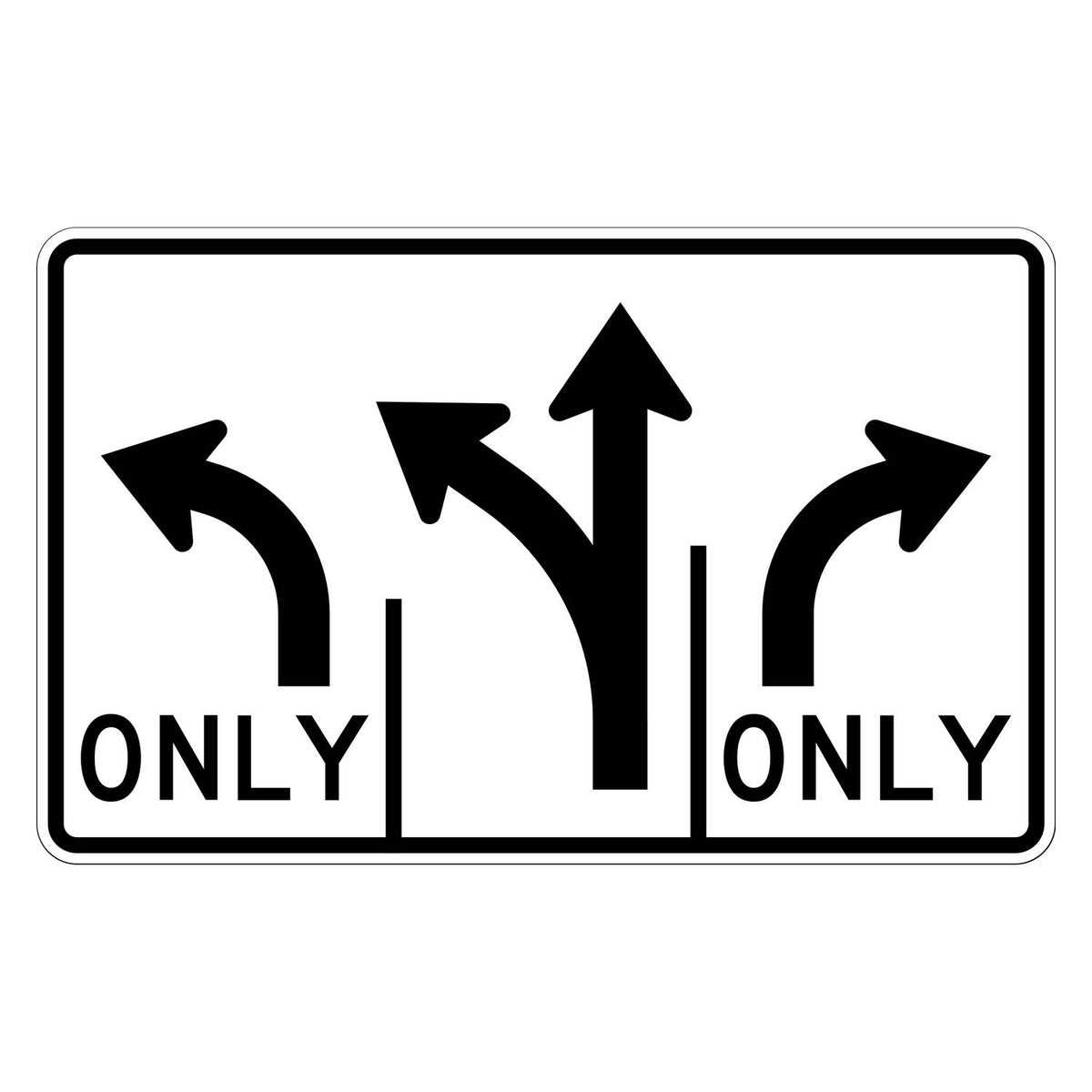 Advance Intersection Lane Control Sign R3-8a - white horizontal rectangle sign showing three lanes: a left turn arrow marked ONLY, a shared left turn and straight arrow, and a right turn arrow marked ONLY