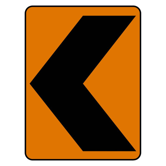 Orange vertical rectangle CW1-8L construction chevron sign with black left-pointing chevron.