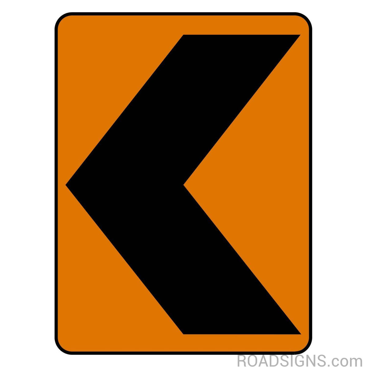 Chevron Alignment Left Construction Sign - W1-8 - orange vertical rectangle sign with black left-pointing chevron