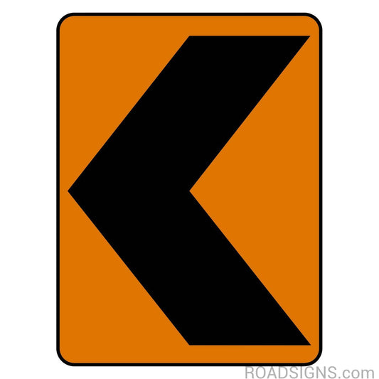 Orange vertical rectangle CW1-8L construction chevron sign with black left-pointing chevron.