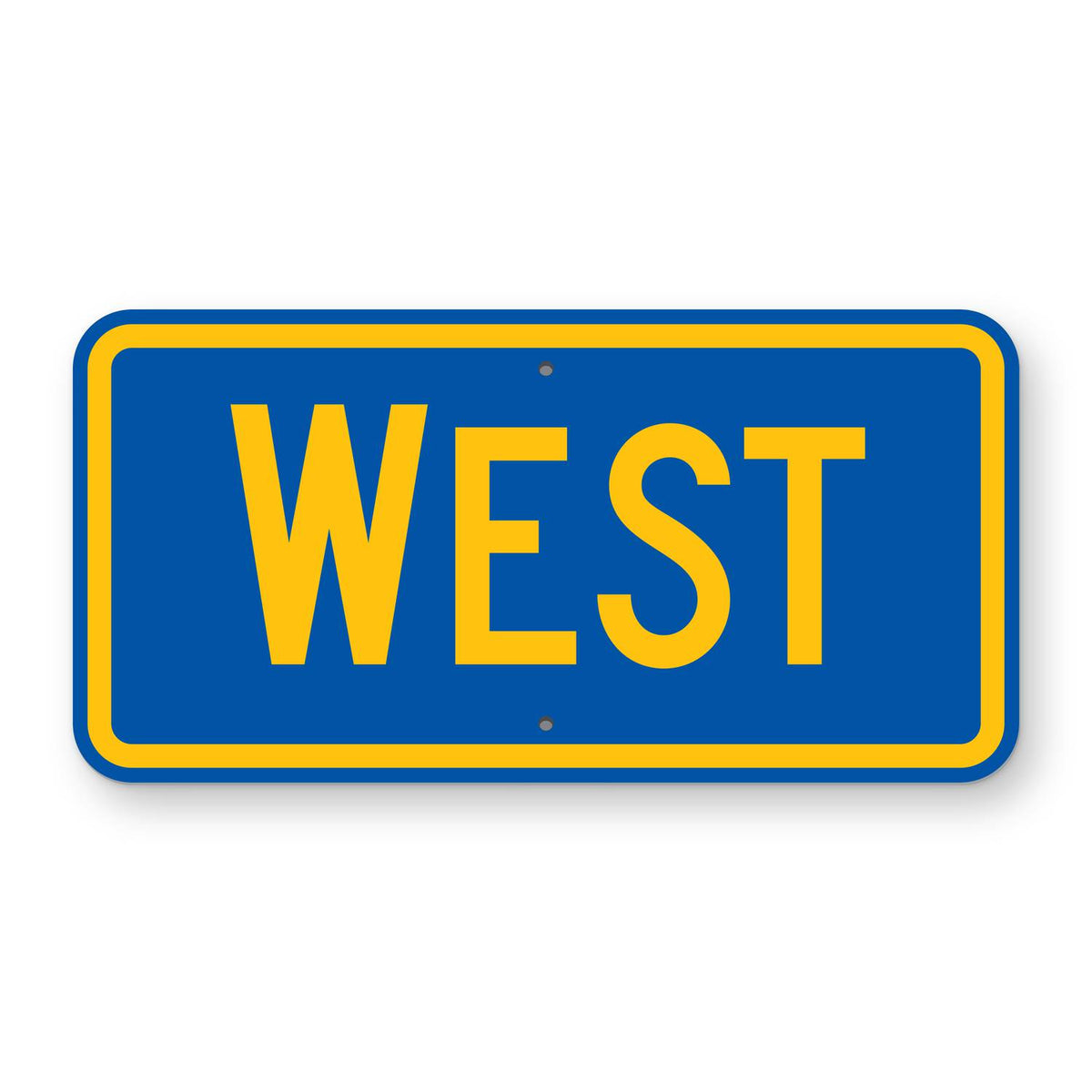 West Route Marker Plaque M3-4 - blue horizontal rectangle plaque with a yellow border reading WEST in yellow, the first letter larger
