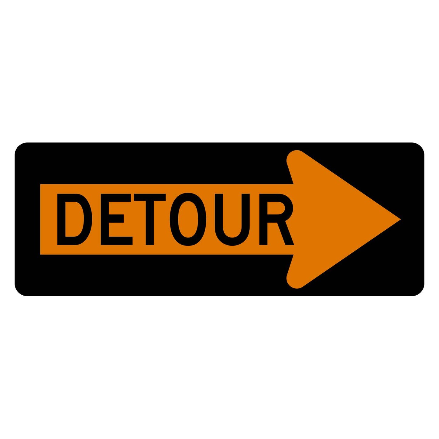 Orange horizontal M4-10R detour sign with black DETOUR legend inside a right-pointing arrow.