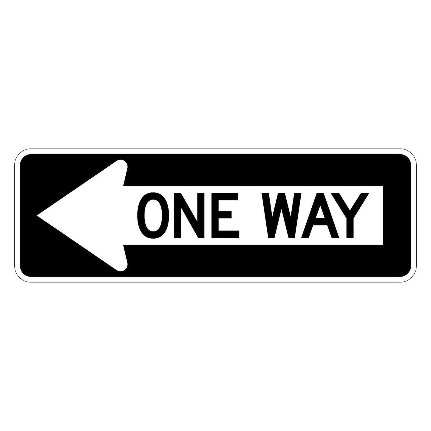Black R6-1L One Way sign with white text and left-pointing arrow, 36" x 12".