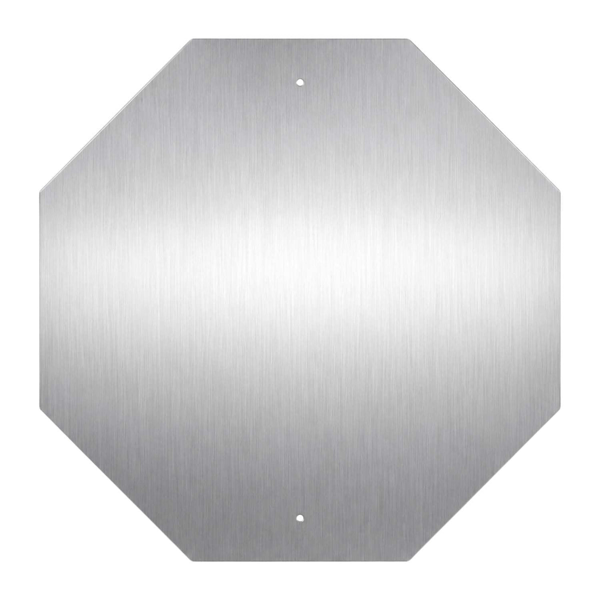 Octagonal, brushed aluminum sign blank with two pre-drilled holes, ready for stop sign application.