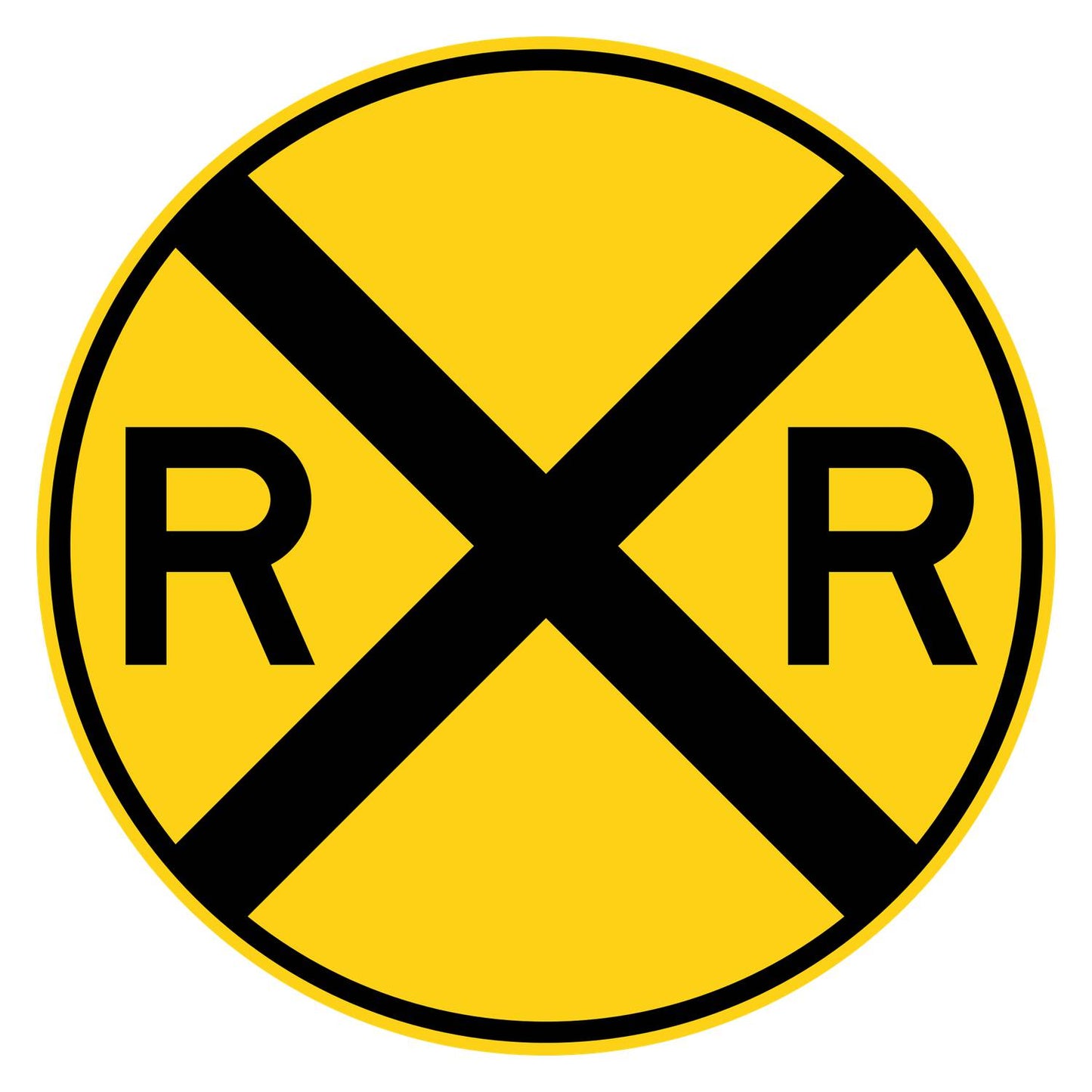 Round yellow W10-1 railroad crossing advance warning sign with black RXR symbol.