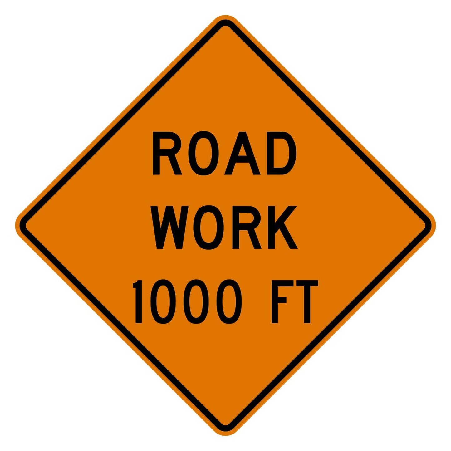 Diamond-shaped fluorescent orange "ROAD WORK 1000 FT" warning sign with black text and border.