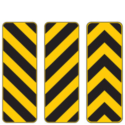 Type 3 Object Markers OM3-L, OM3-R and OM3-C - three yellow and black striped vertical markers: stripes down to the right, stripes down to the left, and chevrons pointing up