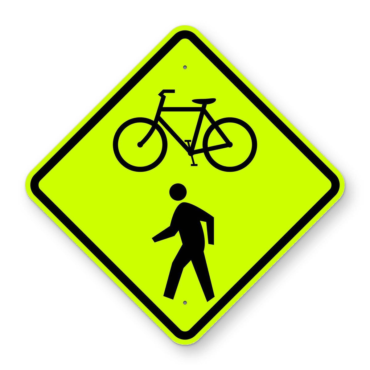 W11-15 diamond-shaped yellow retroreflective sign with black bicycle and pedestrian crossing symbols.