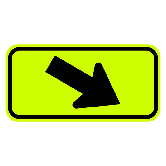 W16-7PR rectangular yellow retroreflective plaque with a black diagonal arrow pointing down and to the right.