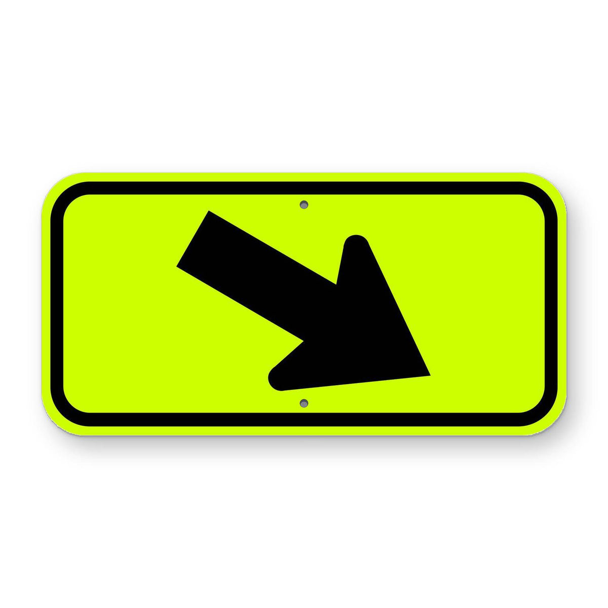 W16-7PR rectangular yellow retroreflective plaque with a black diagonal arrow pointing down and to the right.