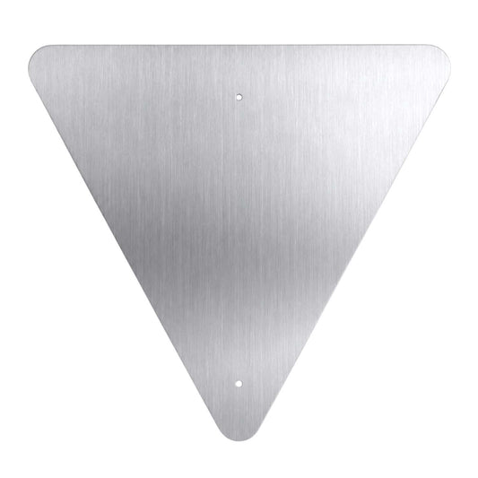 Brushed aluminum MUTCD Yield Sign blank, triangular with rounded corners and two pre-drilled holes.