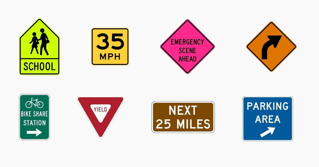 A collection of eight colorful road signs including school, speed limit, yield, and parking signs on a white background.