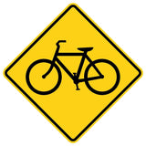 Yellow diamond-shaped W11-1 bicycle warning sign with a black bicycle symbol.