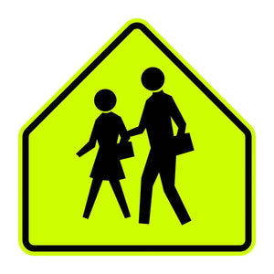 School Crossing Sign S1-1 - fluorescent yellow-green pentagon sign with two black schoolchildren walking pictograph