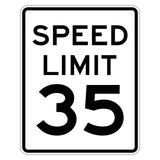 White rectangular Speed Limit 35 MPH sign with black text and border.