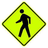 W11-2 pedestrian crossing sign with a black walking figure on a diamond-shaped, yellow retroreflective aluminum background.