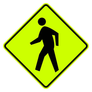 W11-2 pedestrian crossing sign with a black walking figure on a diamond-shaped, yellow retroreflective aluminum background.