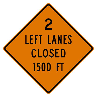 Orange diamond-shaped W20-5aL sign with "2 LEFT LANES CLOSED 1500 FT" in black text.