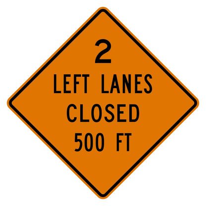 Orange diamond-shaped W20-5aL sign with "2 LEFT LANES CLOSED 500 FT" in black text.