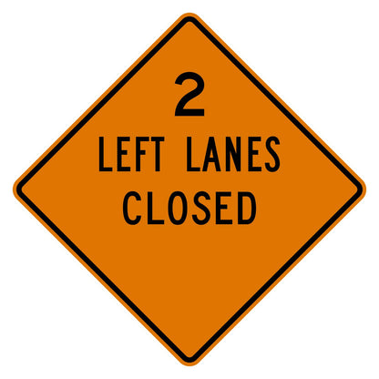 Orange diamond-shaped W20-5aL traffic sign with "2 LEFT LANES CLOSED" in black, and a blank distance area.