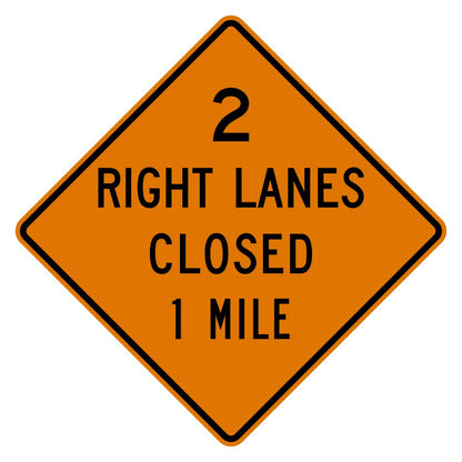 Orange diamond-shaped W20-5aR sign with "2 RIGHT LANES CLOSED 1 MILE" in black text.
