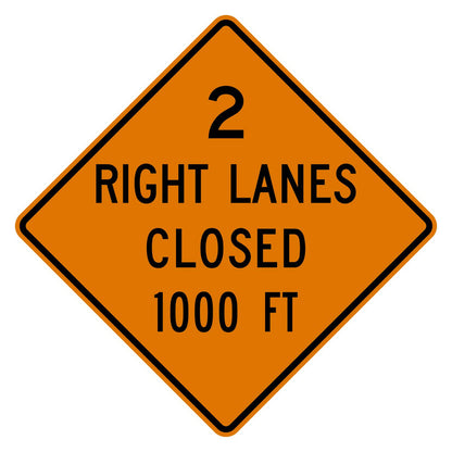 Orange diamond-shaped traffic sign with "2 RIGHT LANES CLOSED 1000 FT" in black text.
