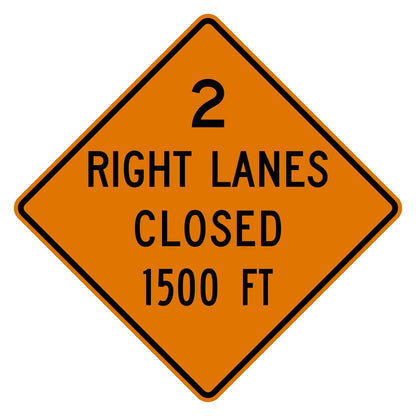 Orange diamond-shaped W20-5aR sign: "2 RIGHT LANES CLOSED 1500 FT" in black text.