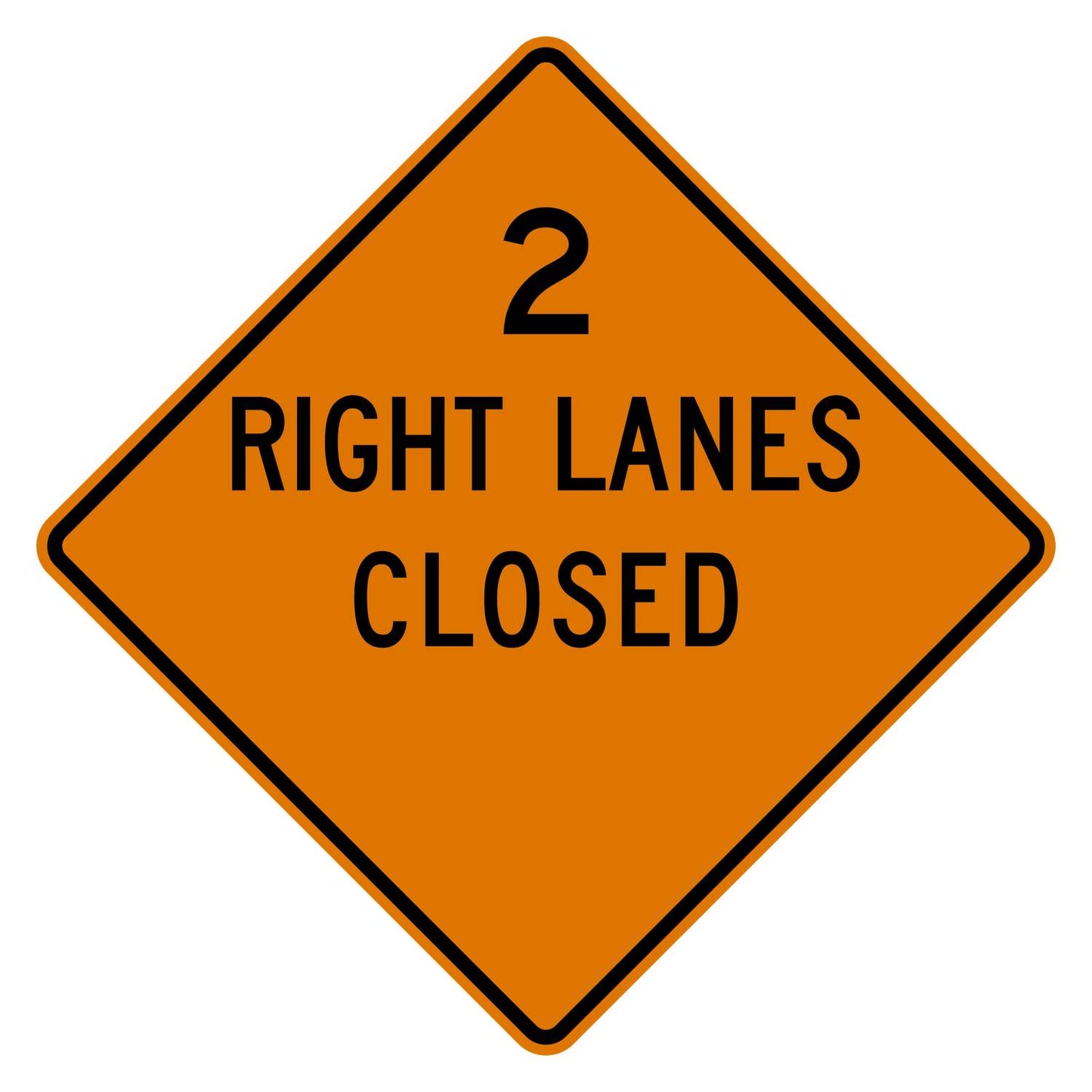 Orange diamond W20-5aR traffic sign with "2 RIGHT LANES CLOSED" in black, blank distance area.