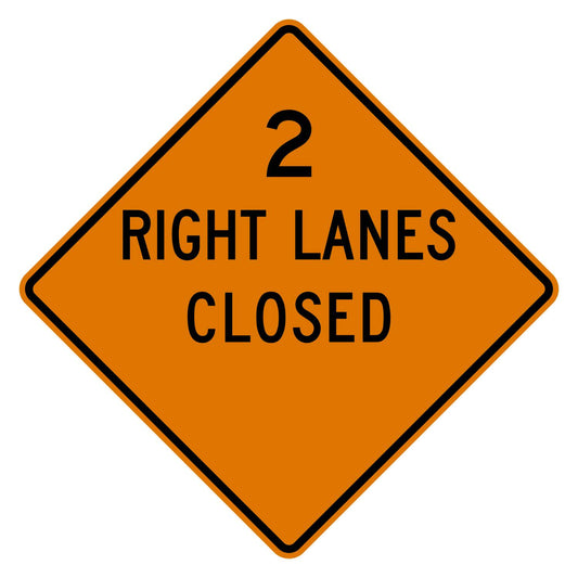 Orange diamond W20-5aR traffic sign with "2 RIGHT LANES CLOSED" in black, blank distance area.