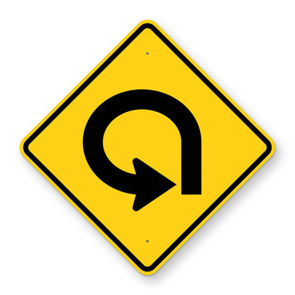 270 Degree Loop Left Warning Sign W1-15L - yellow diamond sign with a black arrow curving almost a full circle to the left