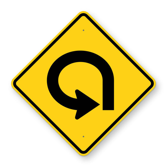 270 Degree Loop Left Warning Sign W1-15L - yellow diamond sign with a black arrow curving almost a full circle to the left