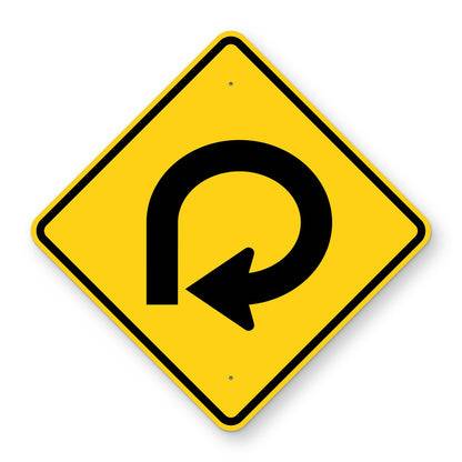270 Degree Loop Right Warning Sign W1-15R - yellow diamond sign with a black arrow curving almost a full circle to the right