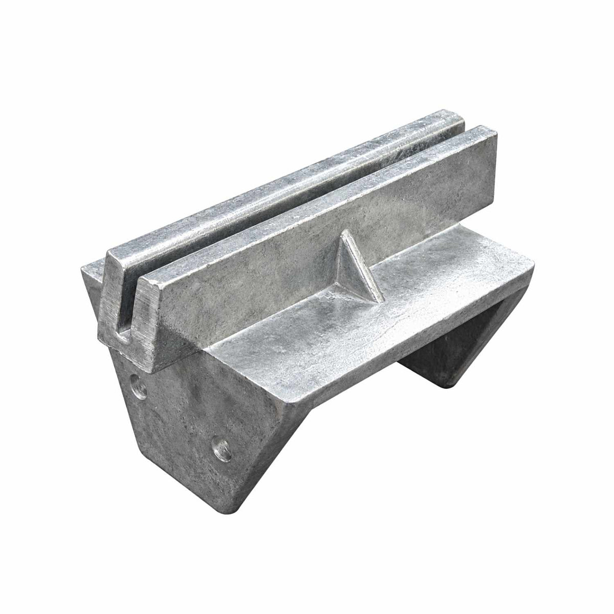 Silver aluminum flat blade street sign bracket for 4x4 wood posts with mounting holes.