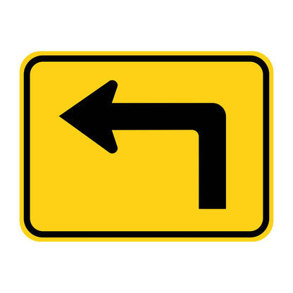 Yellow retroreflective plaque with a black 90-degree left arrow, indicating a sharp turn.