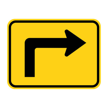 Yellow retroreflective plaque with a black 90-degree right arrow, indicating a sharp turn.