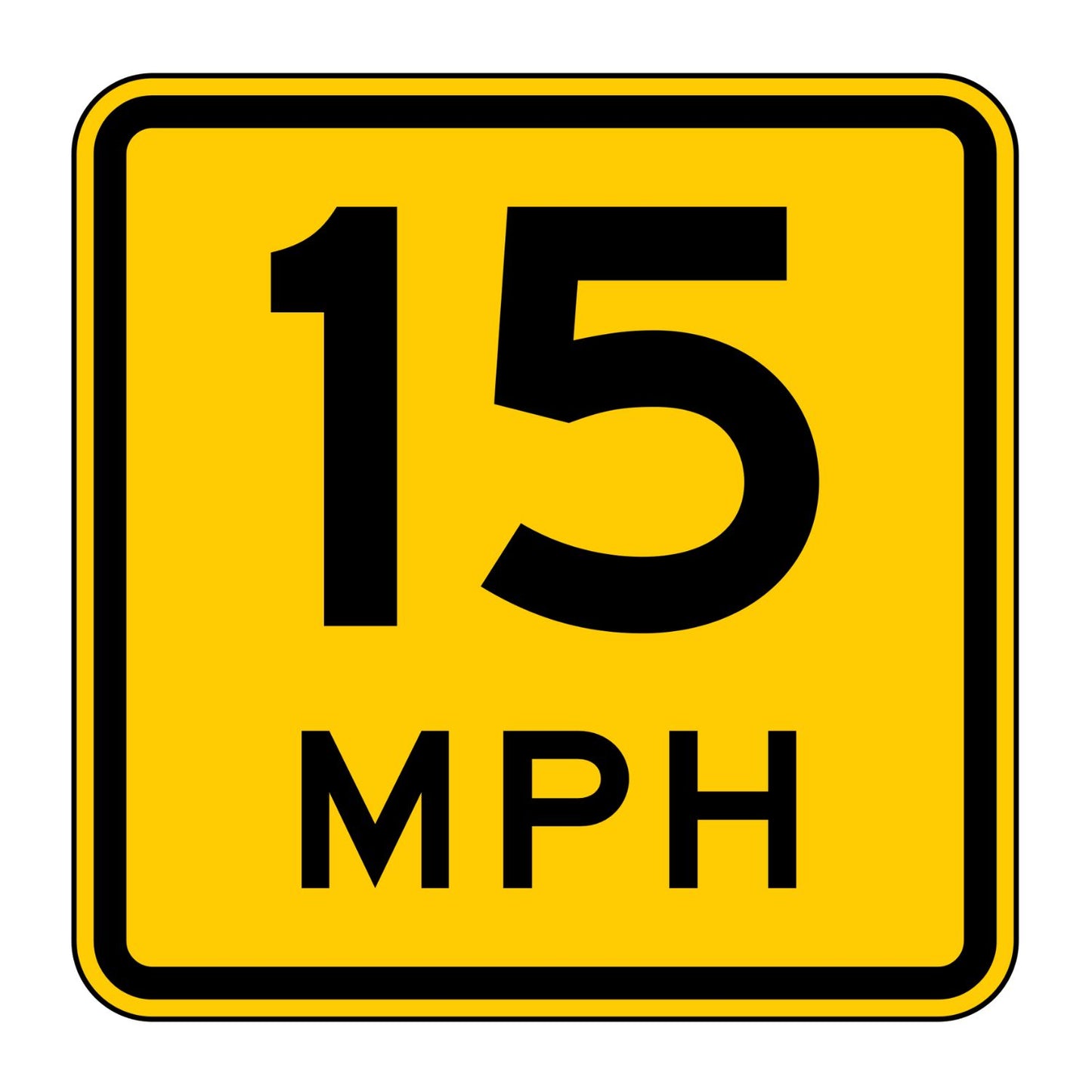 Yellow square W13-1P advisory speed sign with bold black "15 MPH" text.