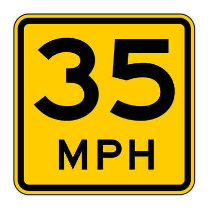 Yellow square advisory speed sign with "35 MPH" in black, retroreflective.