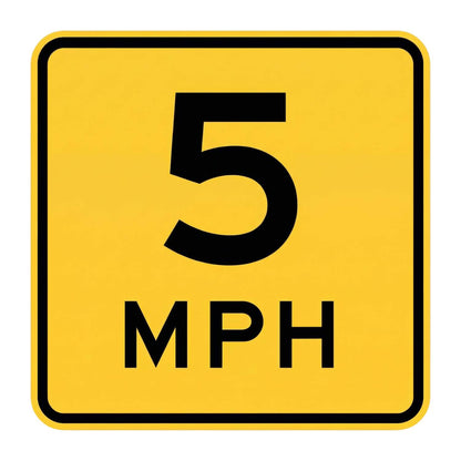 Yellow square W13-1P advisory speed sign with black "5 MPH" legend and rounded corners.
