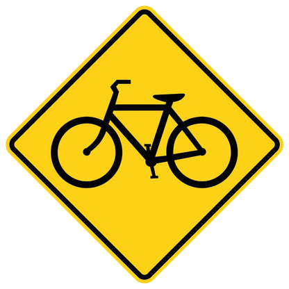 Yellow diamond-shaped W11-1 bicycle warning sign with a black bicycle symbol.