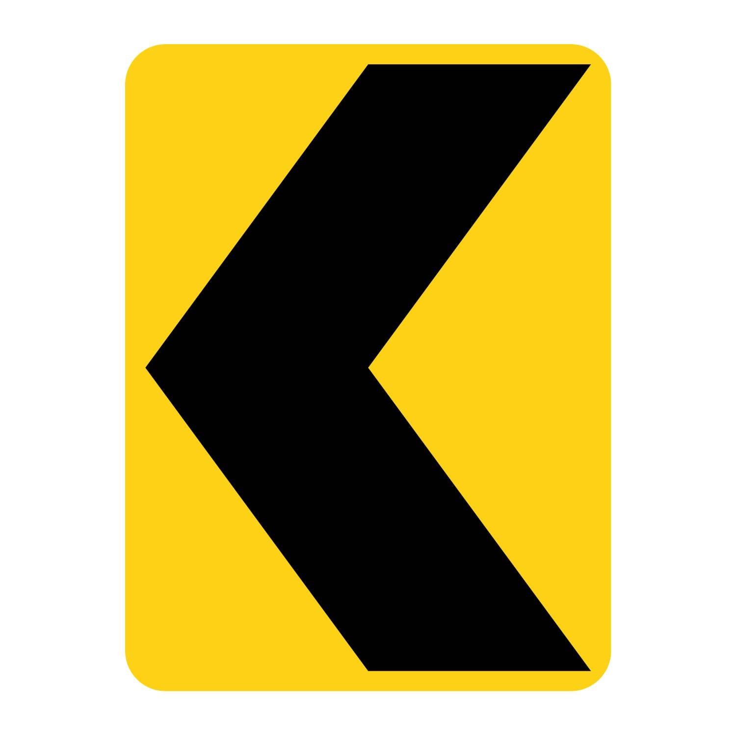 Yellow retroreflective vertical rectangle sign with a black left-pointing chevron symbol.
