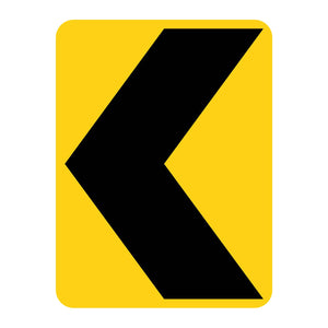 Yellow retroreflective vertical rectangle sign with a black left-pointing chevron symbol.